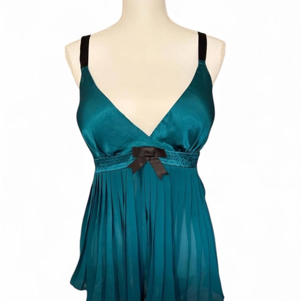 Ambrielle Teal Satin Chemise with Black Bow
